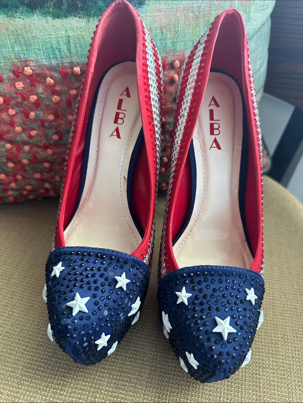 UNWORN: Alba Red and Navy Star-Embellished Pointed Pumps. Statement Platforms